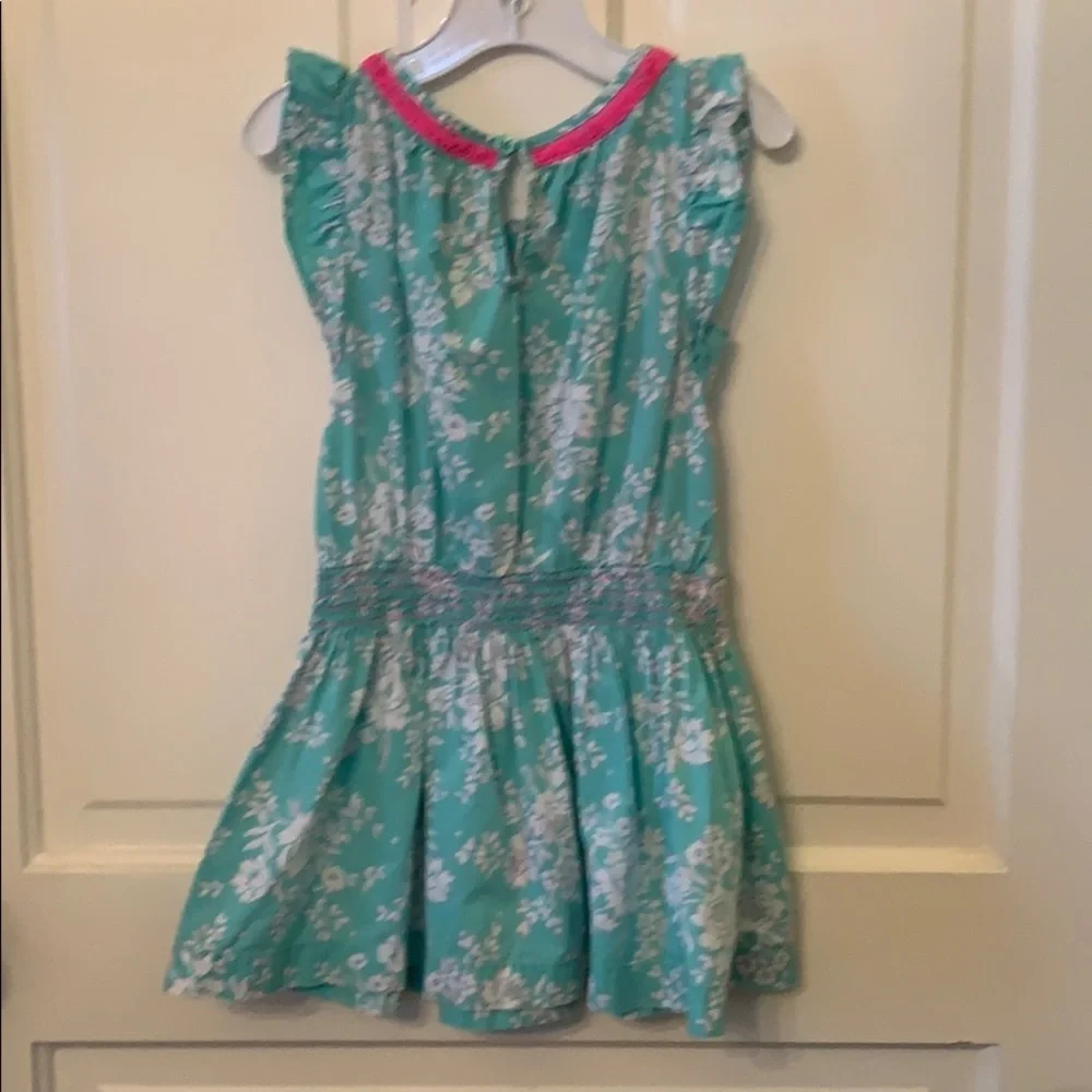 Girls Green Floral Dress 4T Pink Trim Lightweight Cotton Casual Toddler Dress